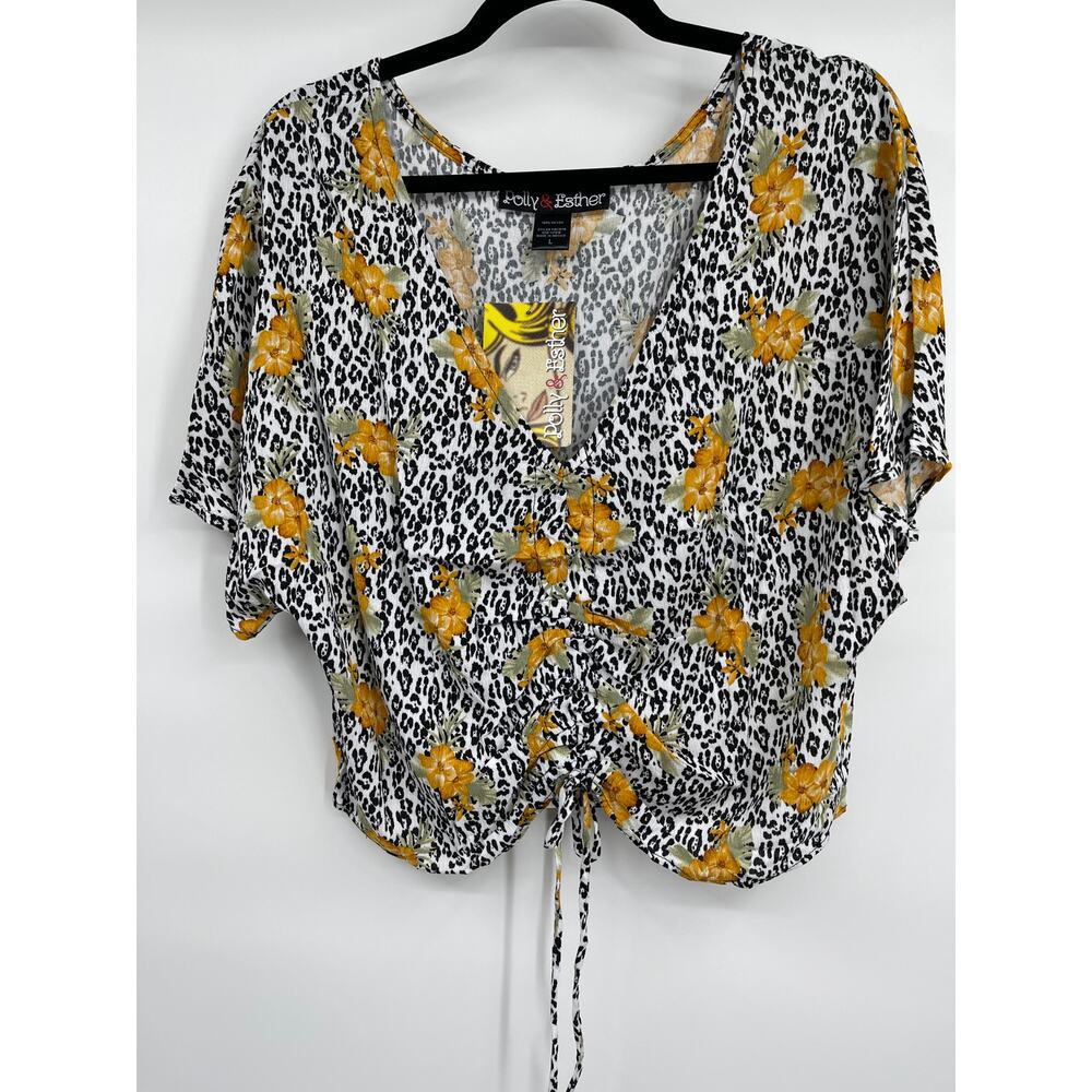 Polly & Esther Floral Animal Print Ruched Front Top Blouse Large NEW Womens